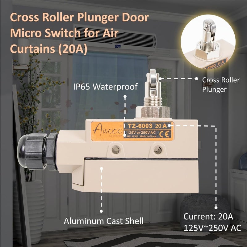 Awoco Heavy Duty Commercial Door Micro Switch with Cross Roller Plunger for Air Curtains, 250V 20A IP 65 Limit Switch Type NO and Type NC (TZ-6003-20A) - Image 2